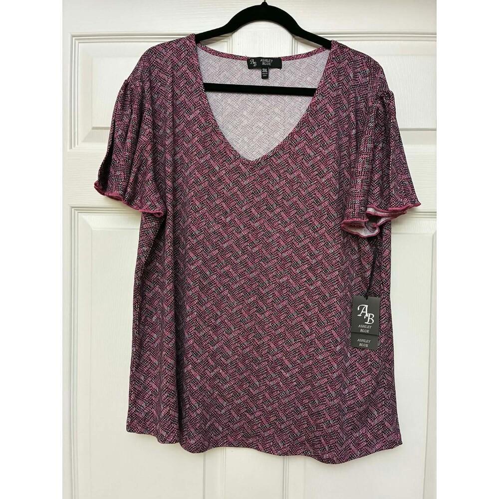 Ashley Blue Blouse Womens 3XL Pink Black Textured V-Neck Casual Stretch